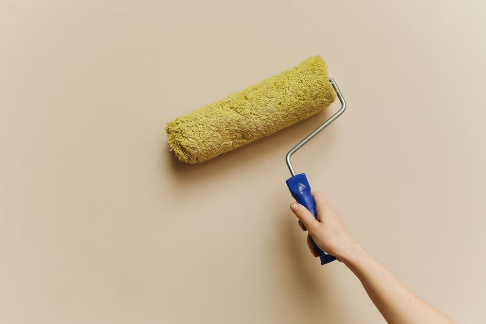 Rouleau de peinture verte sur mur beige